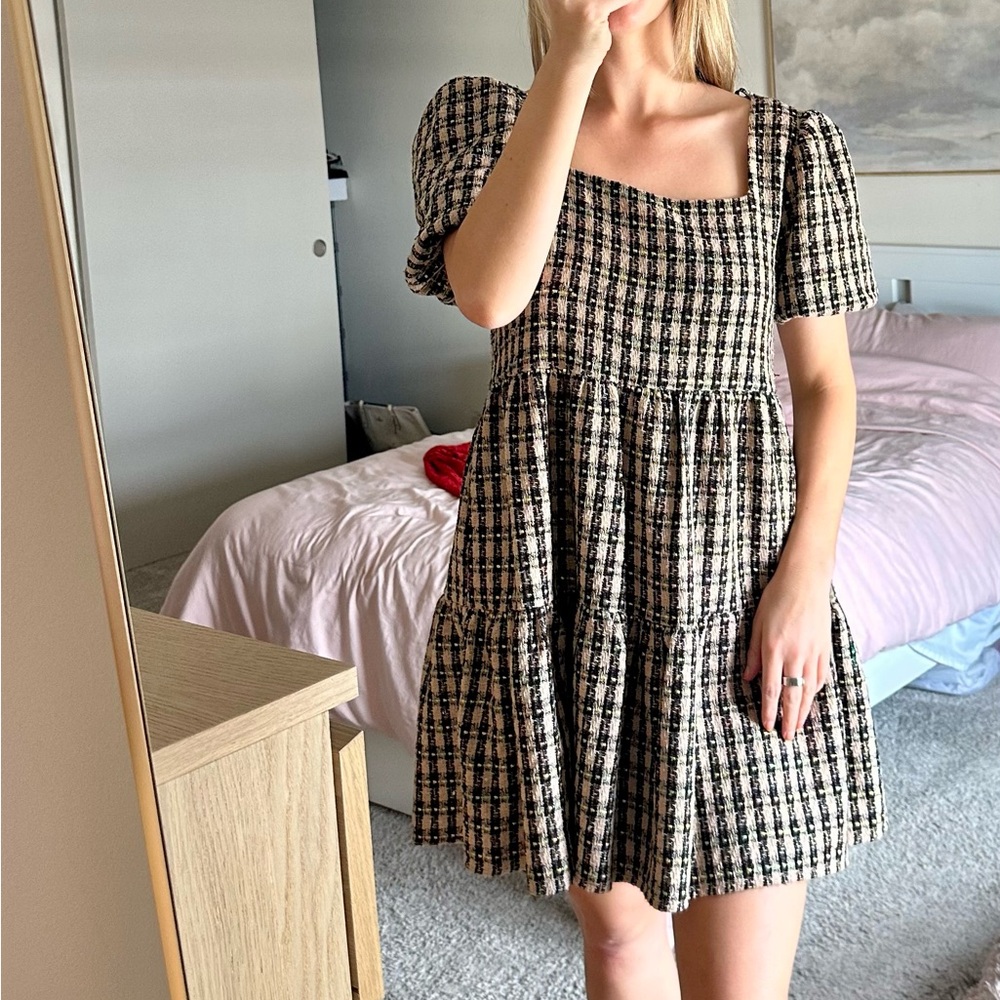 Square Neck Plaid Puff Sleeve Midi Dress - Black & Cream